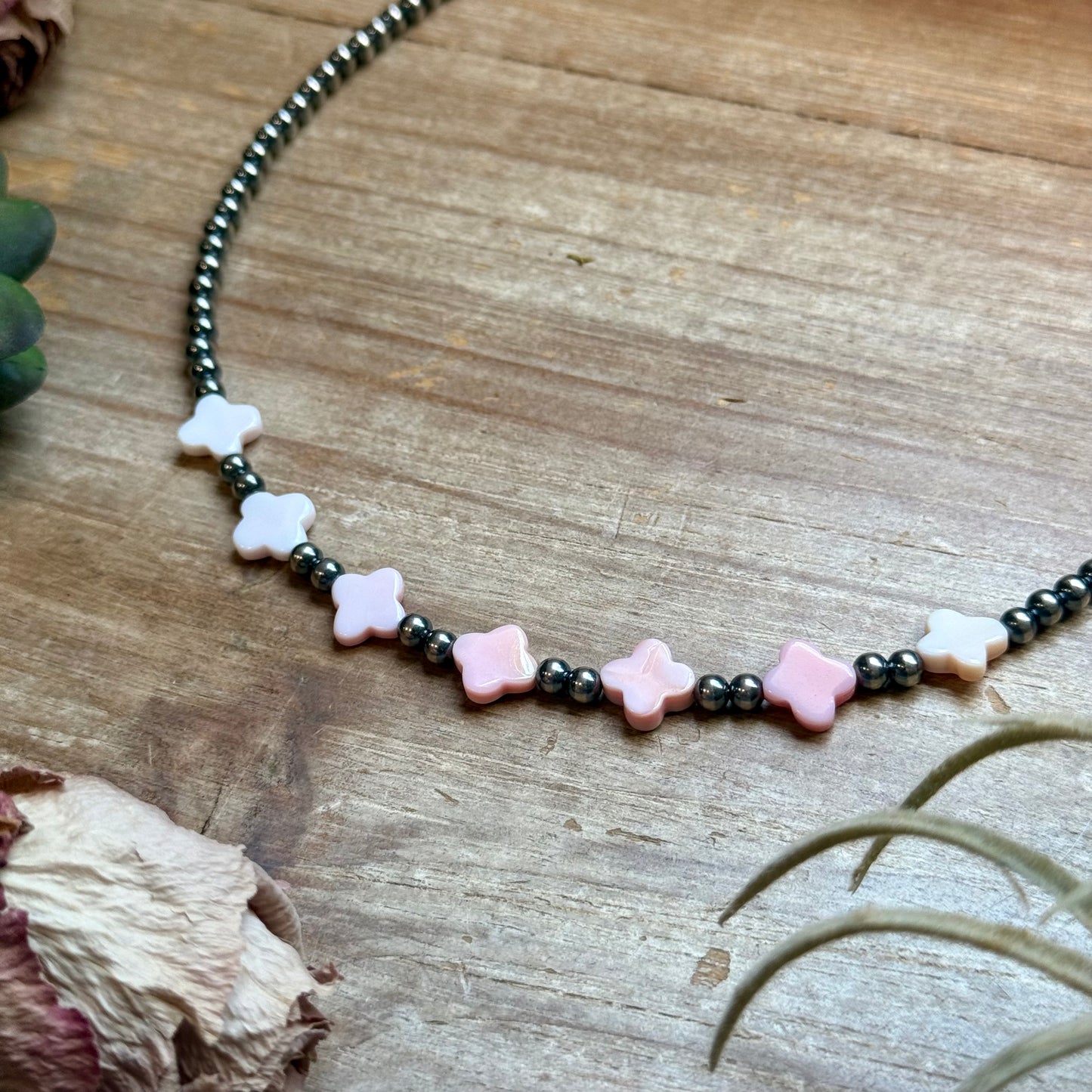 Pink Conch Flower & Sterling Silver Pearl Necklace