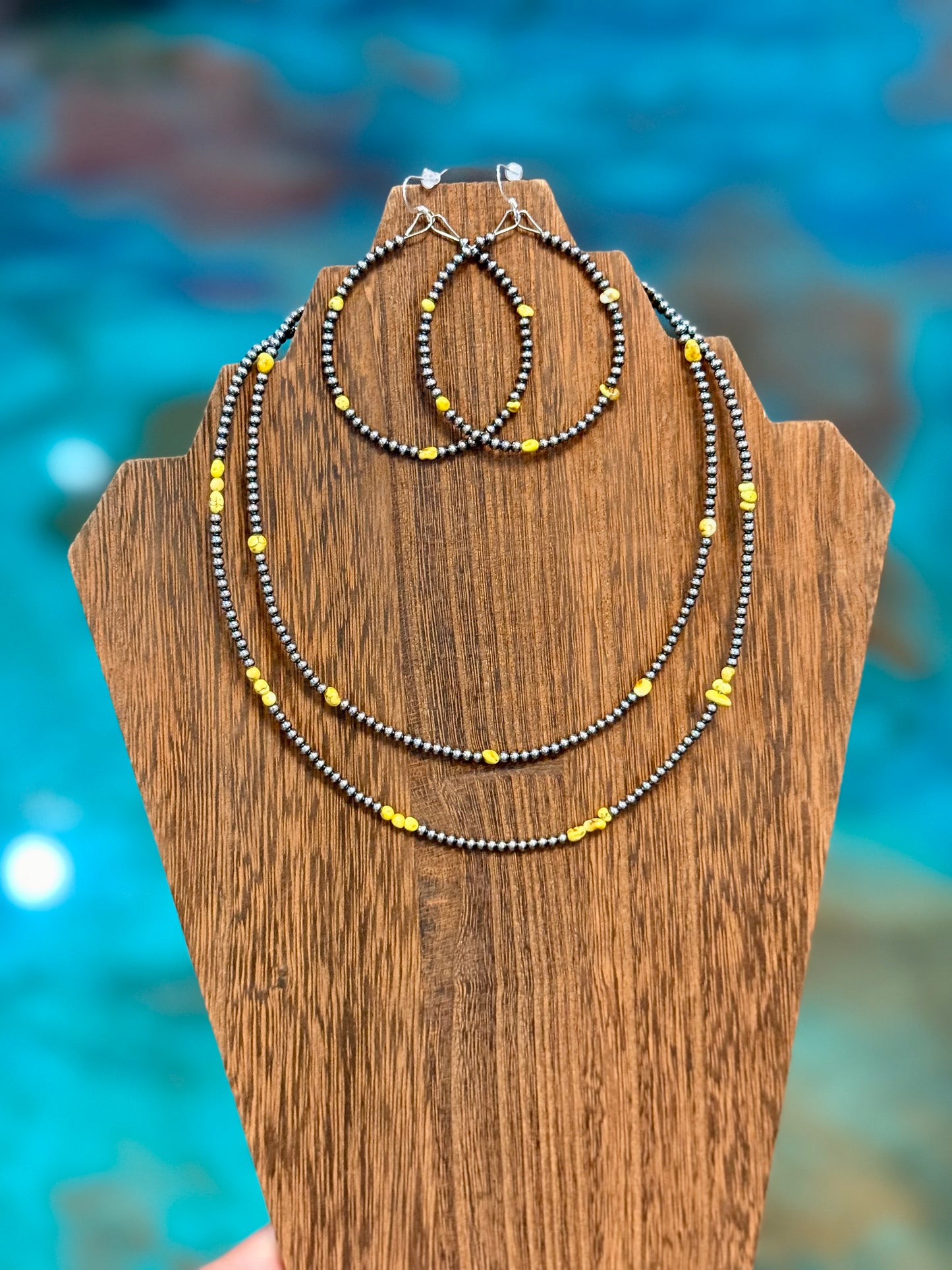 palomino turquoise jewelry stack necklace and hoop earrings layered set sterling silver USA made