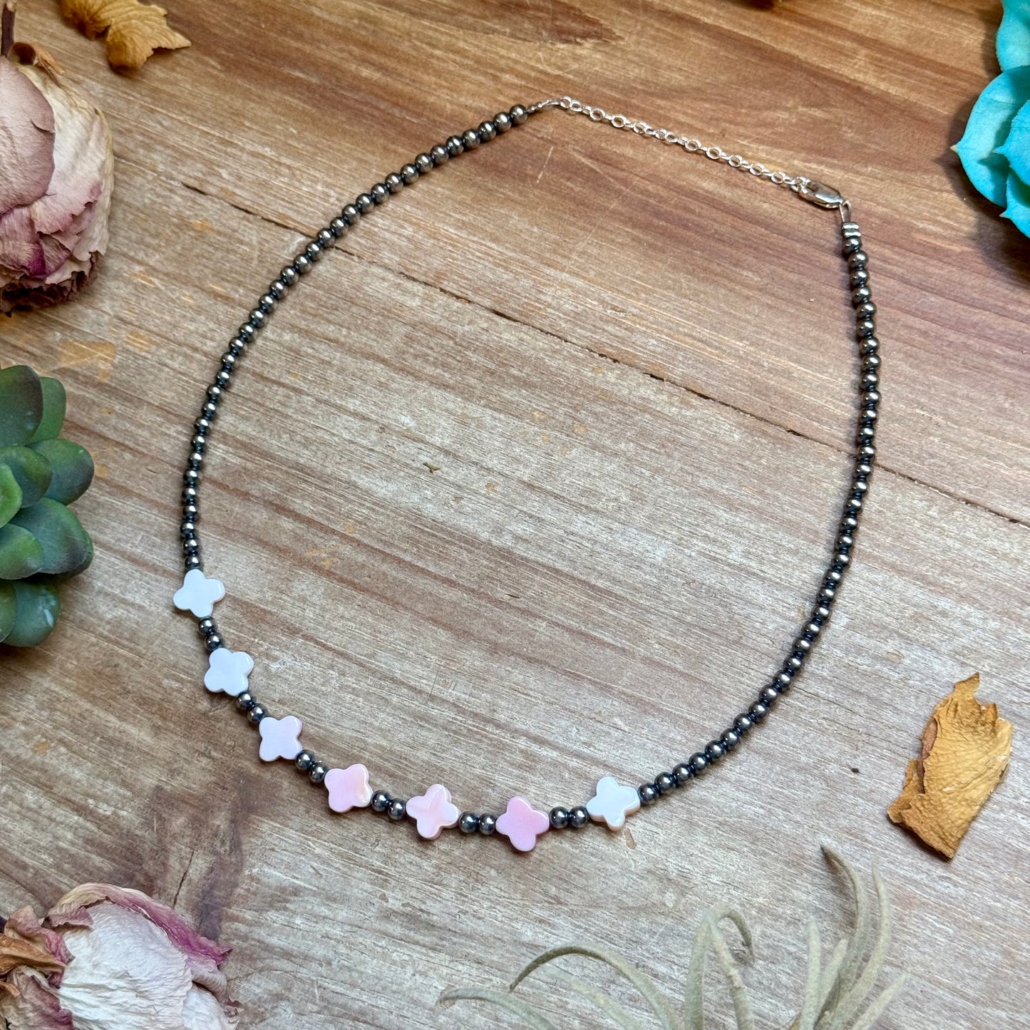 Pink Conch Flower & Sterling Silver Pearl Necklace