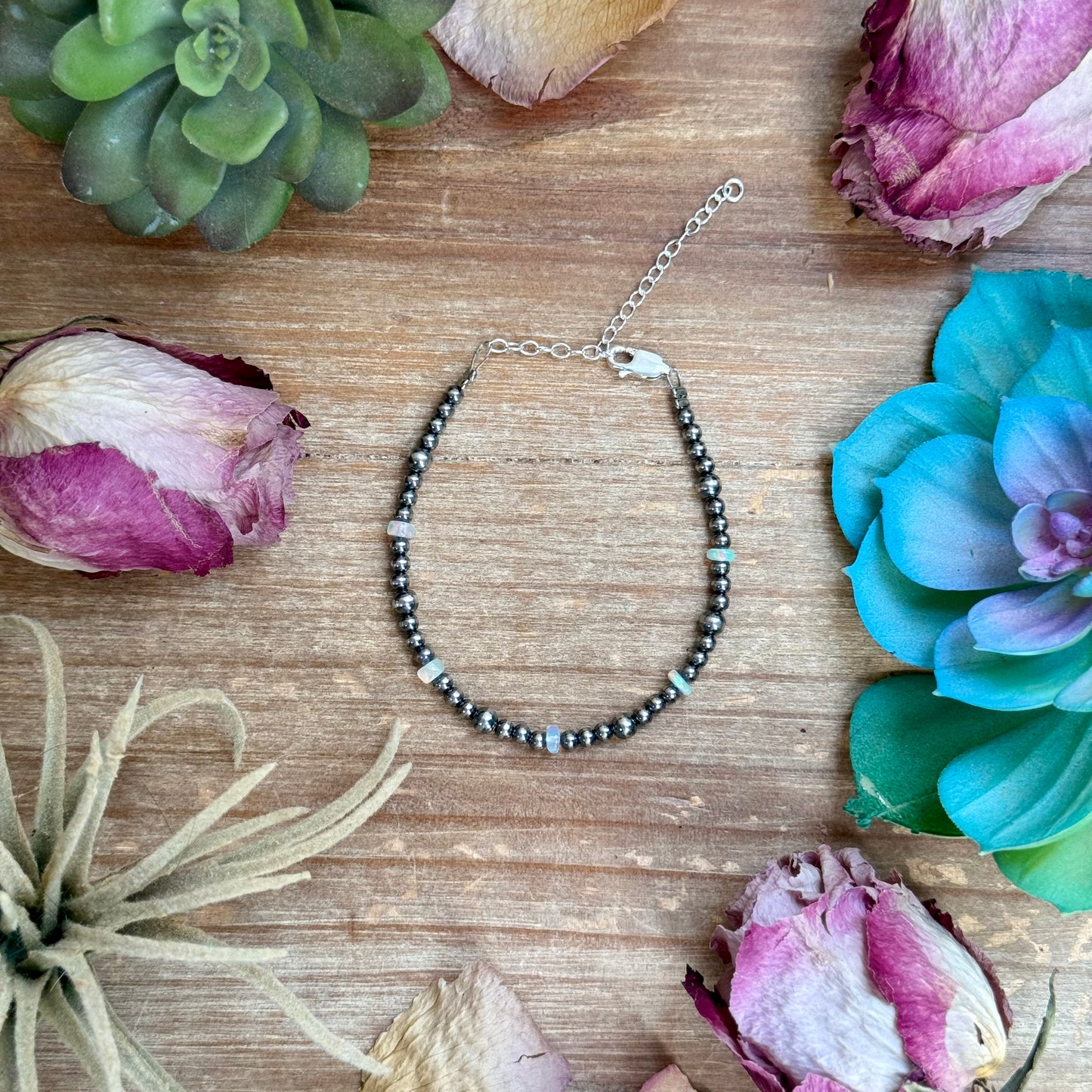 6.25 inch white Ethiopian opal bracelet with 3 to 4mm sterling silver pearls and sterling silver extender handmade by The Bijoux FAB