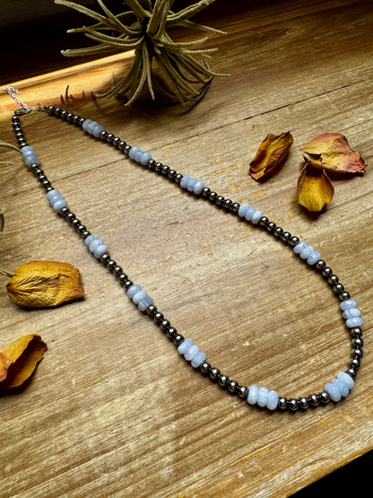 Blue Lace Agate & Sterling Silver Pearl Necklace – 20 ½” Plus Extender