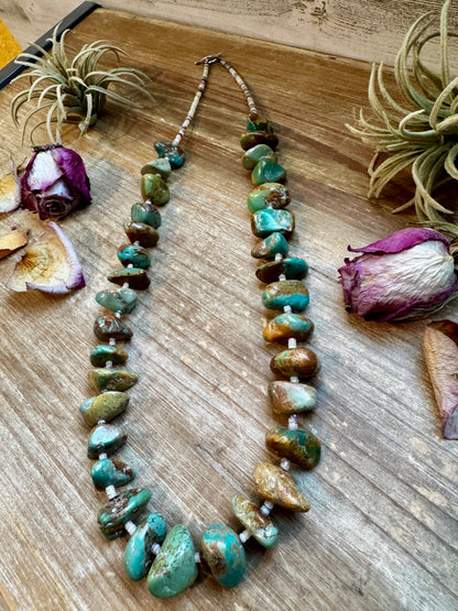 26" Green Turquoise Nugget & Shell Necklace