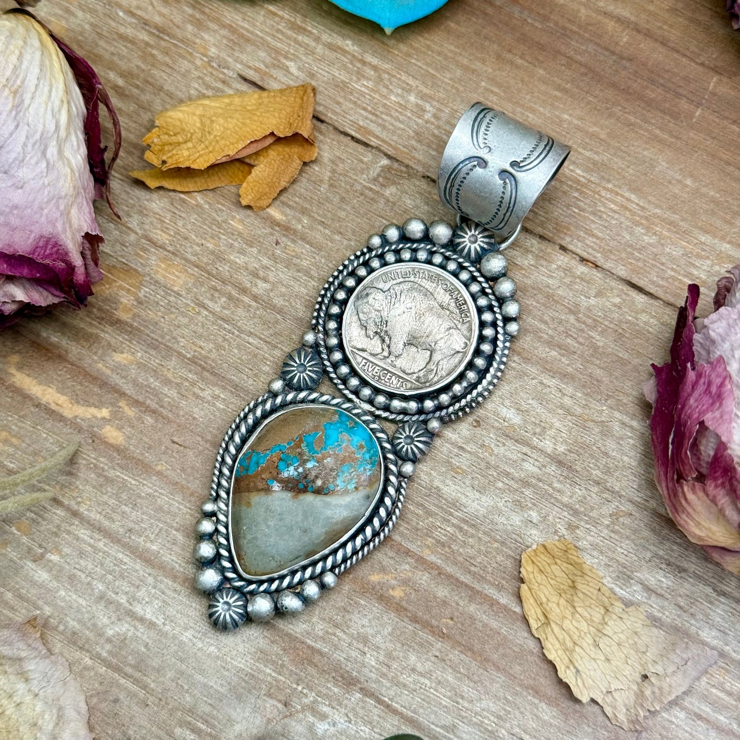 71 - Sterling Silver Easter Blue Turquoise & Buffalo Nickel Pendant by Shay Pfeiffer