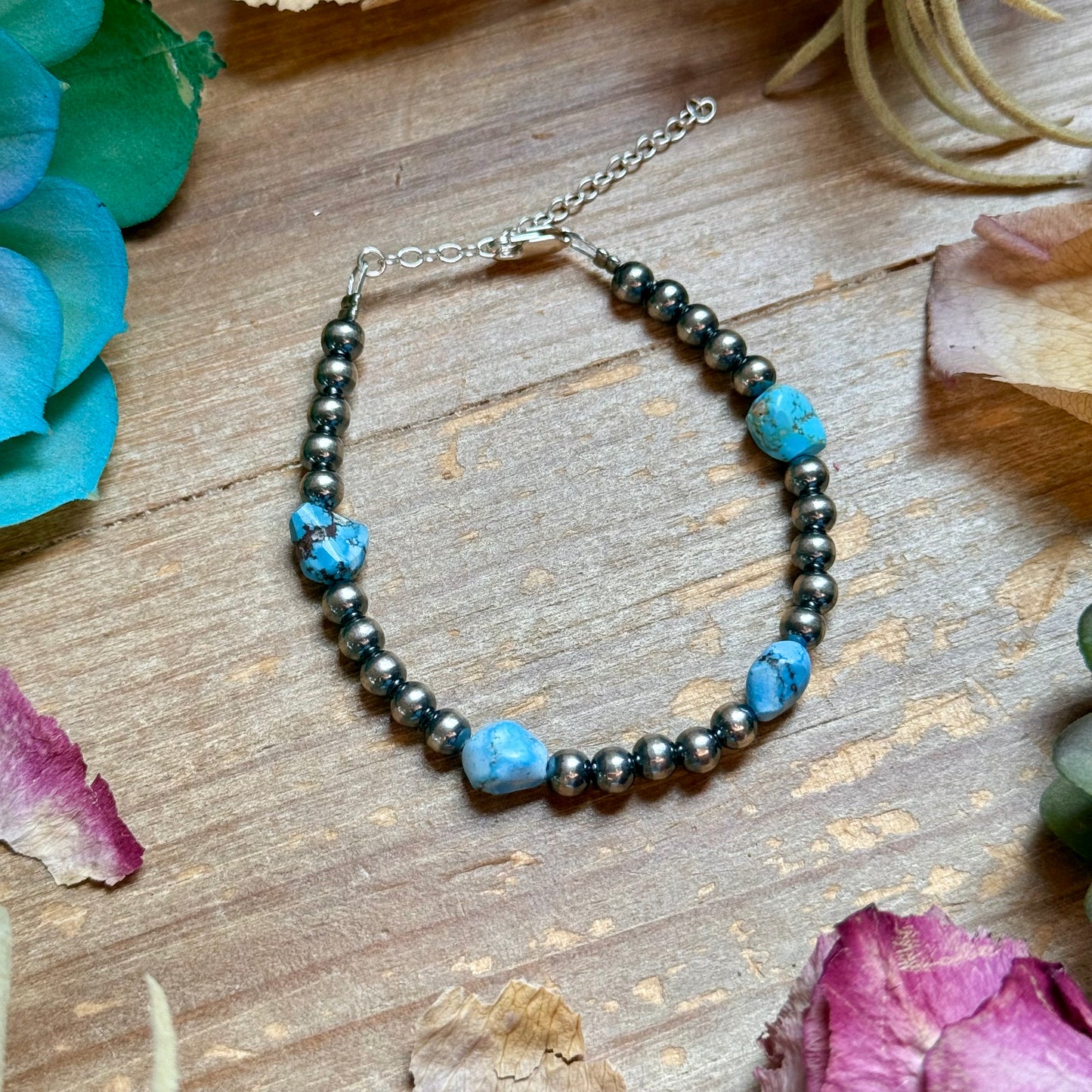 Golden Hill Turquoise Bracelet – 5mm Sterling Silver Pearls