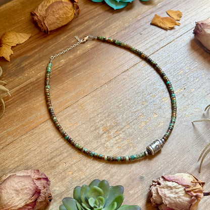 Green Turquoise Heishi & Sterling Silver Barrel Bead Necklace