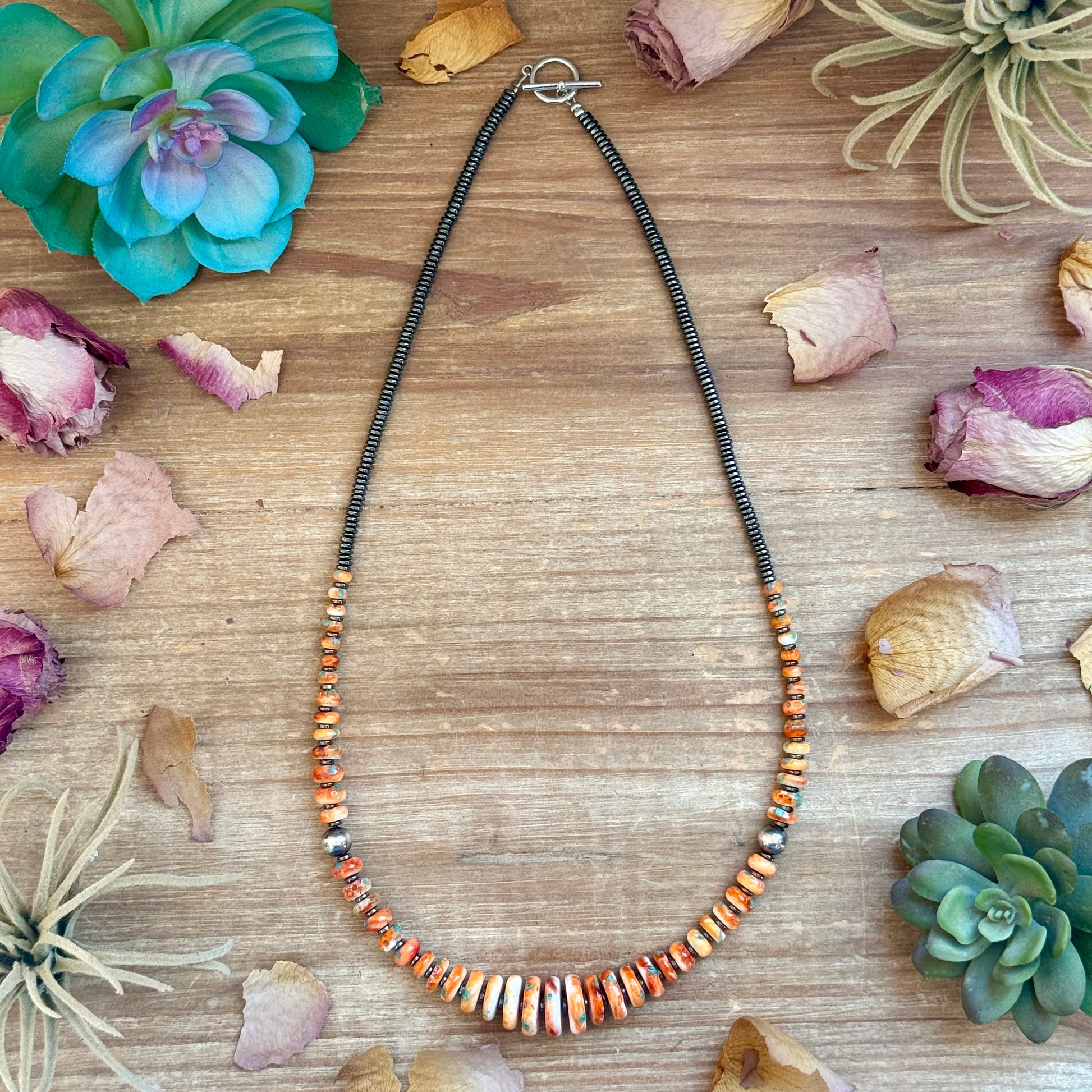 22 inch orange and turquoise graduated necklace with silver hematite and sterling silver beads handmade by The Bijoux FAB