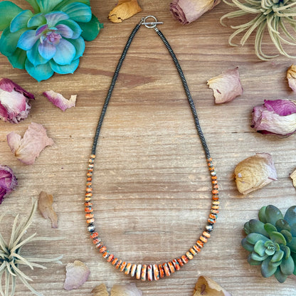 22 inch orange and turquoise graduated necklace with silver hematite and sterling silver beads handmade by The Bijoux FAB