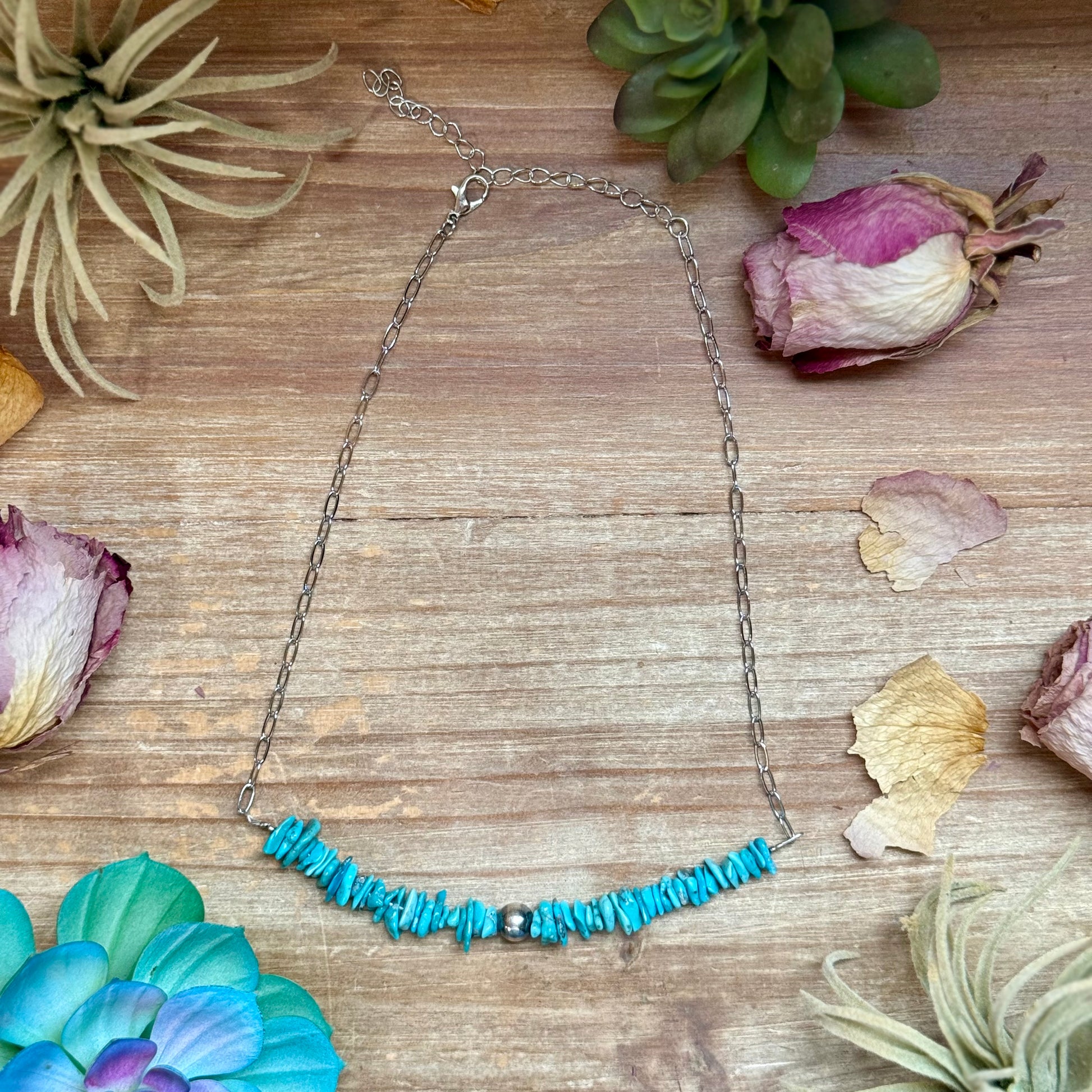 15 inch turquoise chip paperclip chain necklace with 8mm sterling silver bead handmade by The Bijoux FAB
