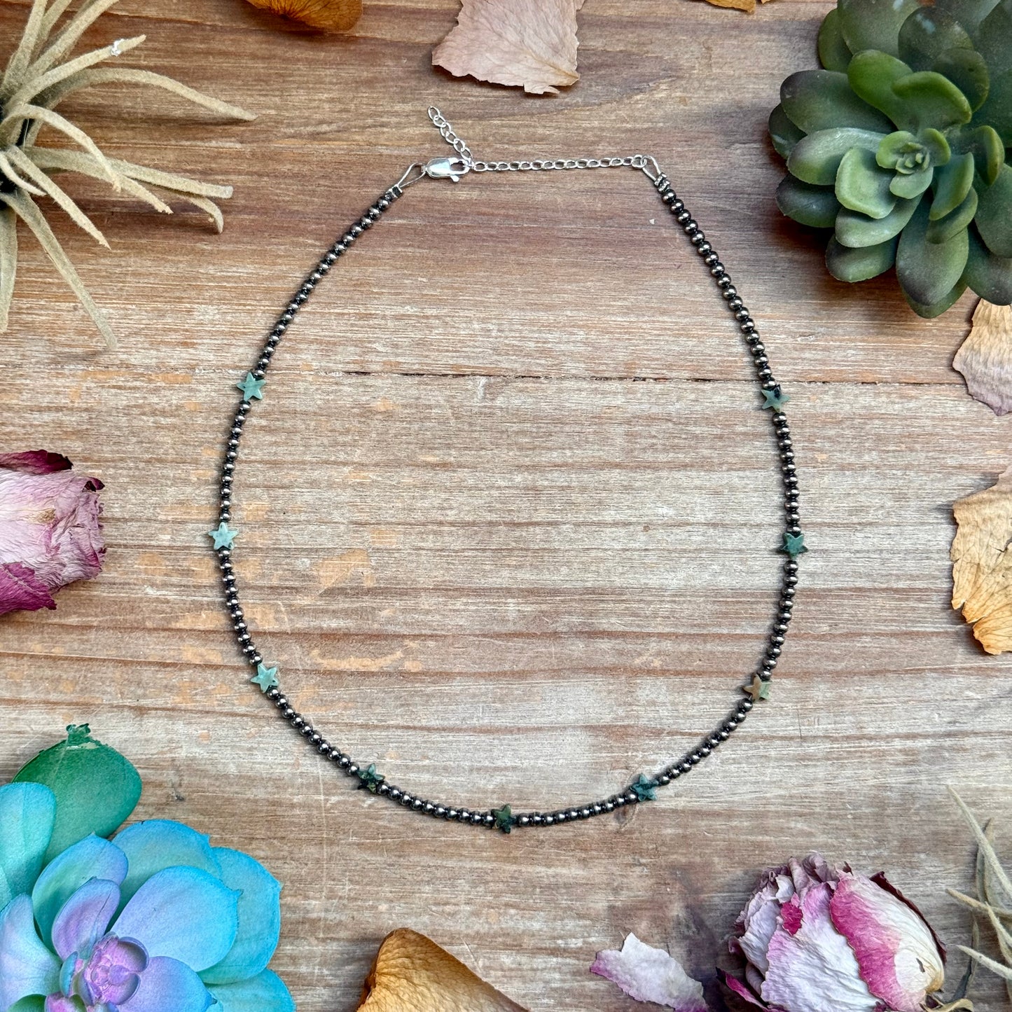 15 inch African turquoise star necklace with 3mm sterling silver pearls handmade in the USA by The Bijoux FAB