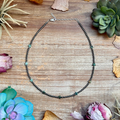 15 inch African turquoise star necklace with 3mm sterling silver pearls handmade in the USA by The Bijoux FAB