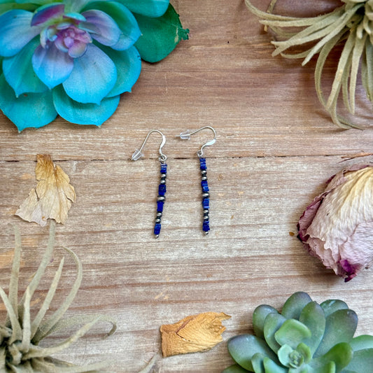 Blue lapis cube dangle earrings with sterling silver pearls handmade by The Bijoux FAB
