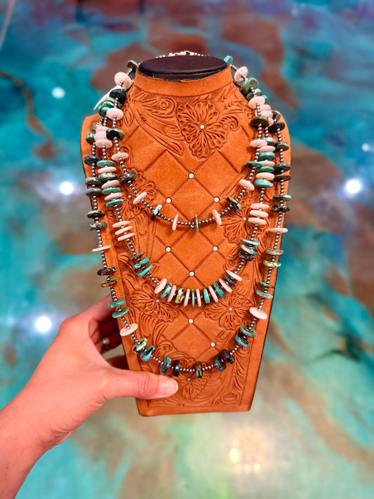 Jaci Stack – Turquoise, White Shell & Sterling Silver Patterned Necklaces