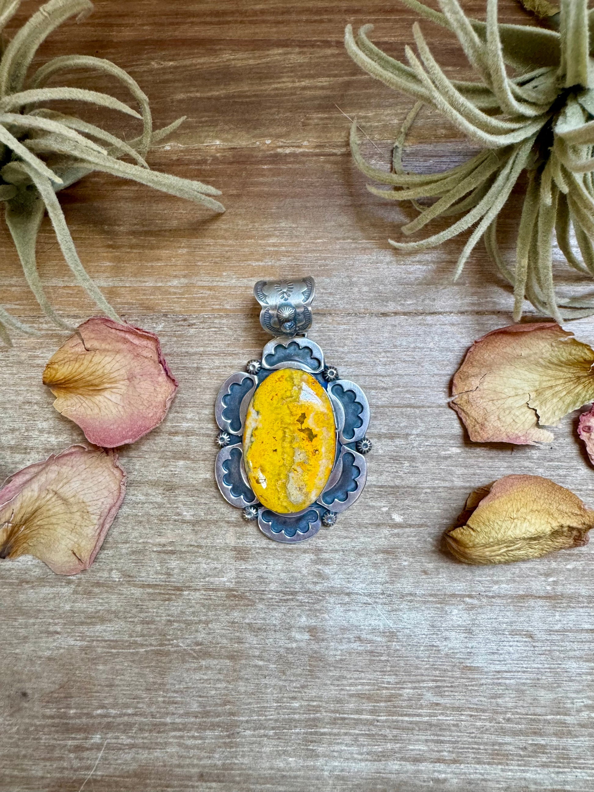 Bright yellow bumblebee jasper pendant in sterling silver, fits 12 mm chain, USA made