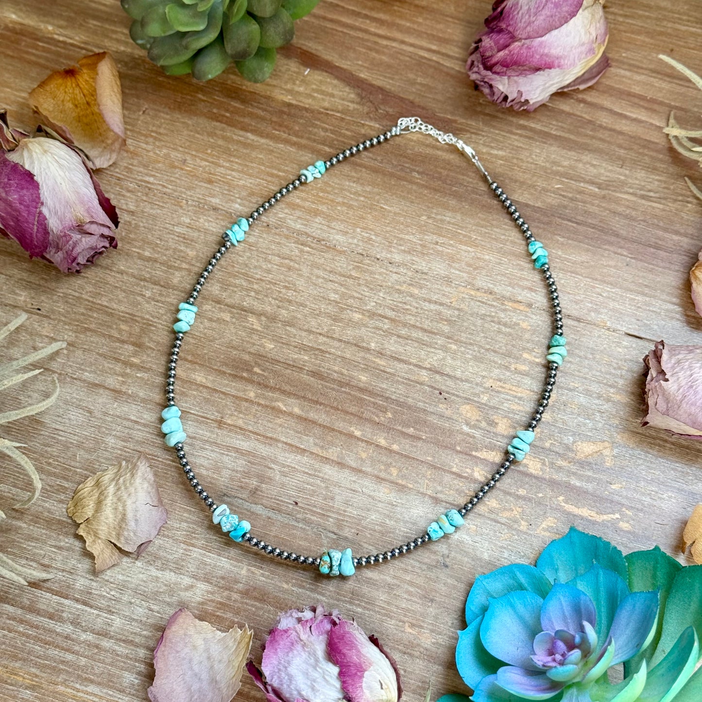 16.5” Sky Blue Lone Mountain Turquoise Nugget Necklace – 3mm Sterling Silver Pearls