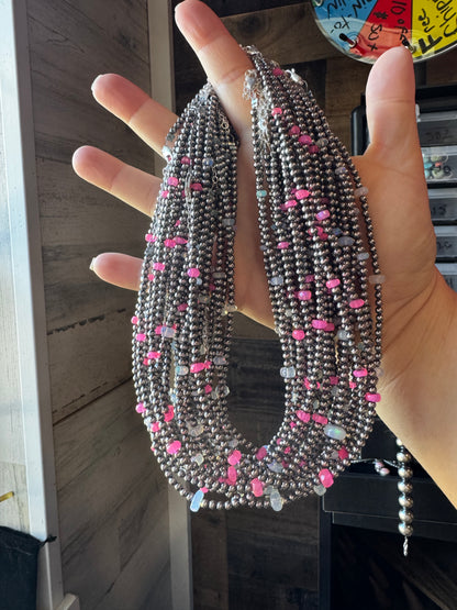 Pink Opal & Sterling Silver Pearl Necklace – 15"