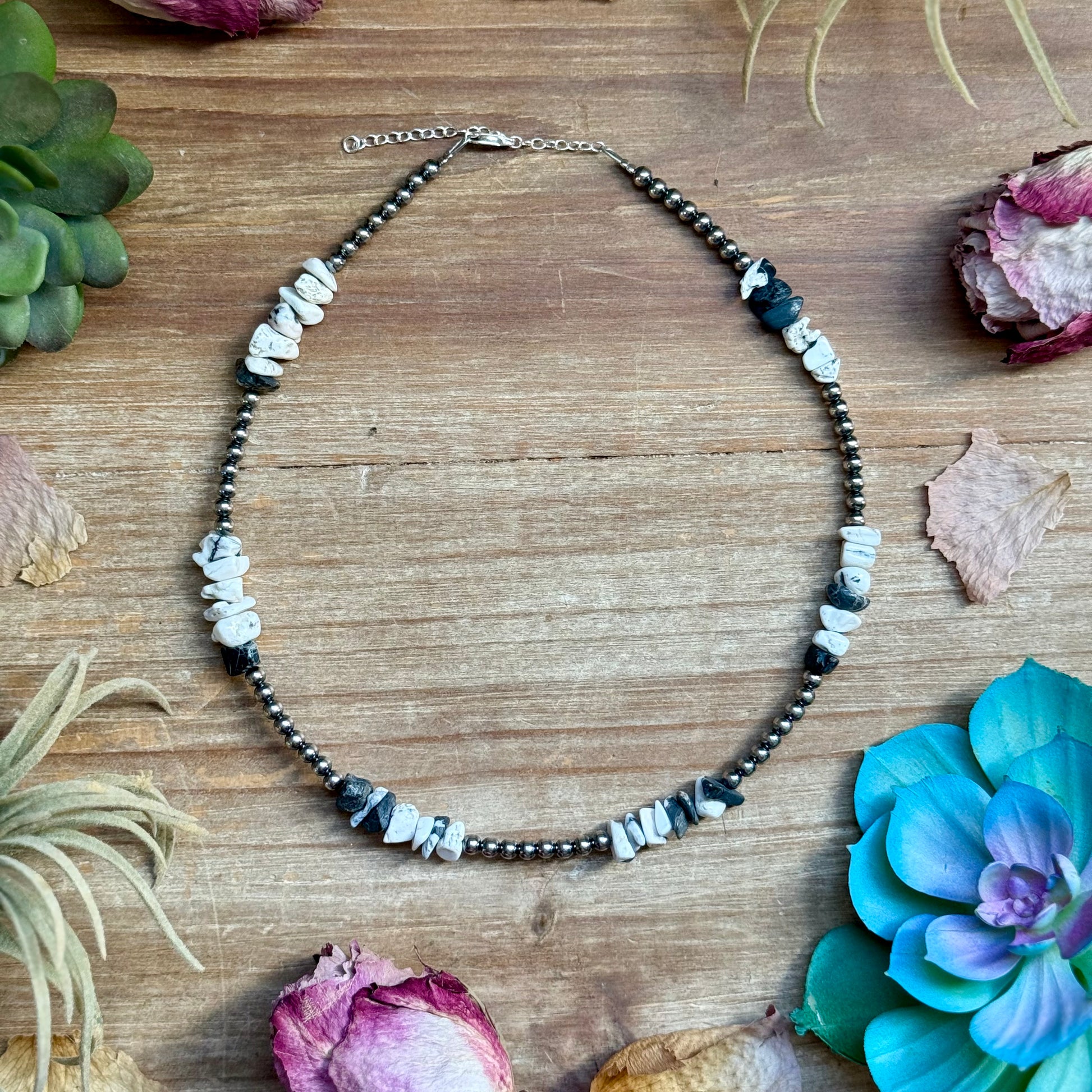 
16 inch white buffalo chip necklace with 4mm sterling silver pearls handmade in the USA by The Bijoux FAB