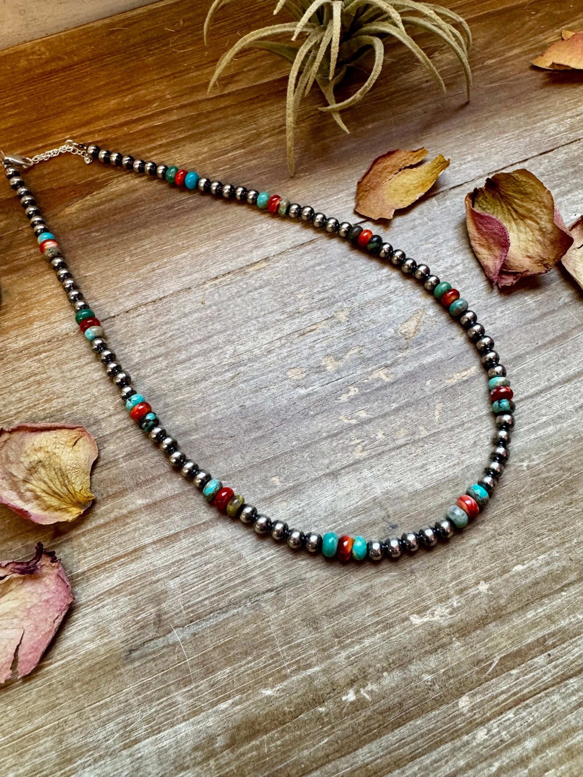 Handmade 18-inch sterling silver pearl necklace with turquoise and spiny oyster beads, shown with extender for layering