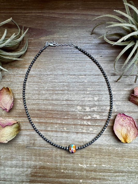 Handmade 14-inch sterling silver pearl choker with a center Mojave bead framed by 5mm saucers, finished with extender, made by The Bijoux FAB