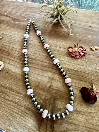 20 inch 8 mm Sterling Silver Pearls necklace and pink conch