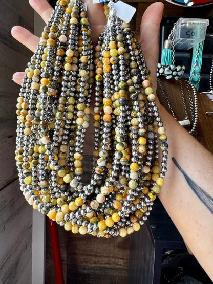 Handmade 18-inch necklace with 5mm sterling silver pearls and 6mm bumblebee jasper beads, finished with extender, made by The Bijoux FAB