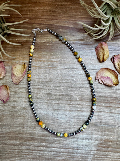 Handmade 18-inch necklace with 5mm sterling silver pearls and 6mm bumblebee jasper beads, finished with extender, made by The Bijoux FAB
