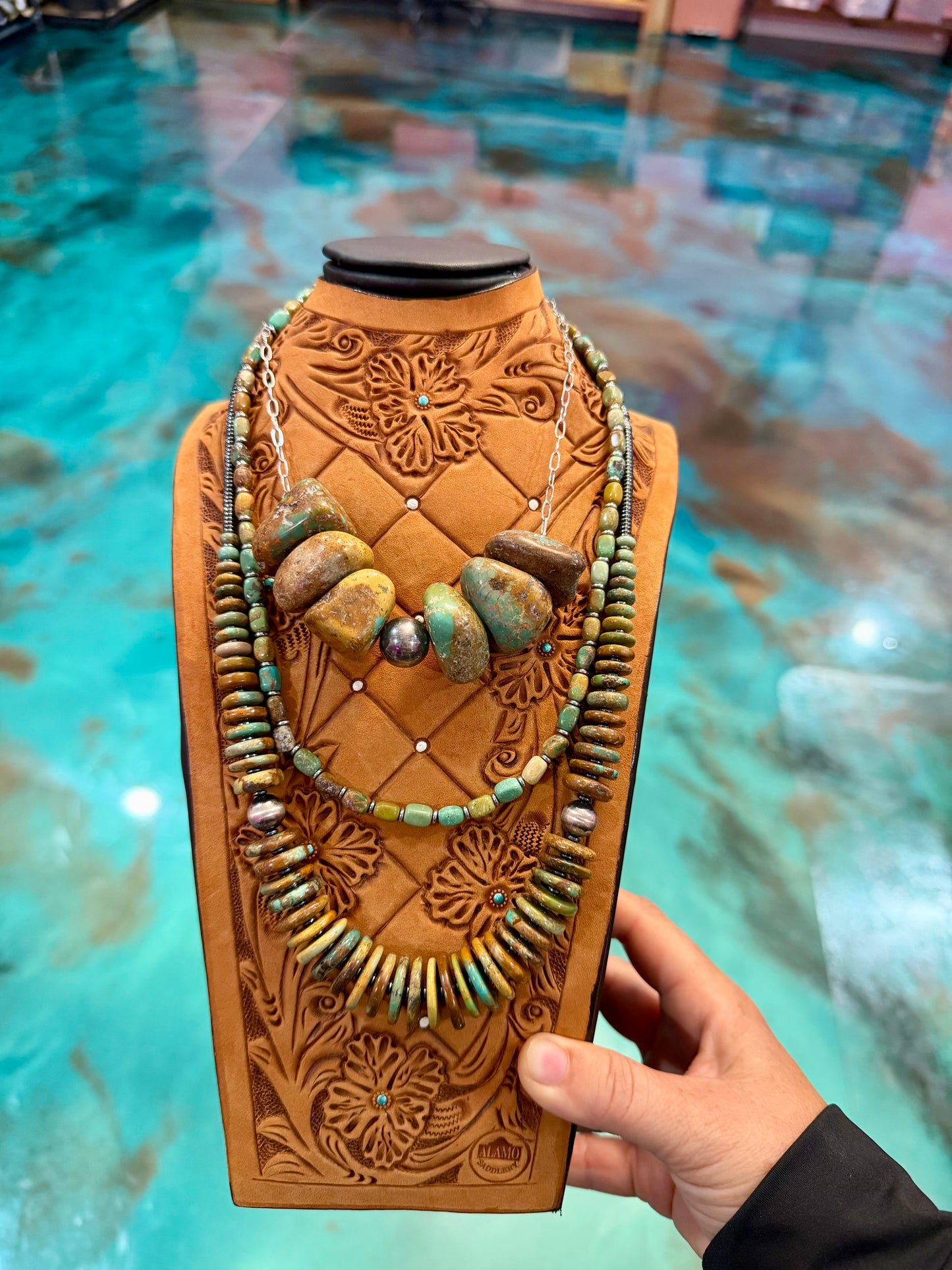 turquoise statement necklace stack 3 piece layered set chunky turquoise hematite sterling silver USA