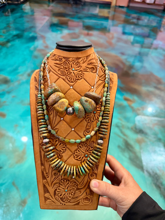 turquoise statement necklace stack 3 piece layered set chunky turquoise hematite sterling silver USA