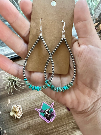 3 mm Navajos earrings teardrop with real turquoise nuggets