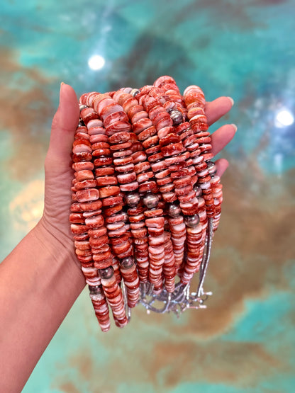 22-Inch Graduated Orange and Red Spiny Oyster & Sterling Silver Pearl Necklace