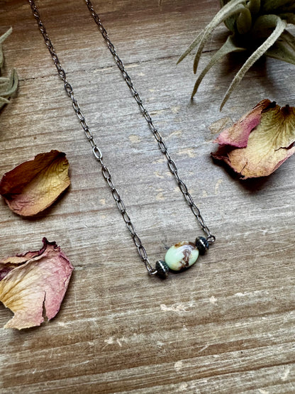 Handmade 16-inch lemon turquoise magnesite necklace with sterling silver saucer pearls and silver-plated chain, made by The Bijoux FAB