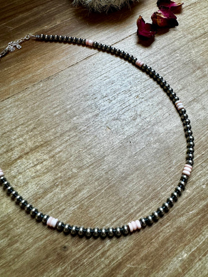 4 mm Sterling Silver Pearls choker with pink conch