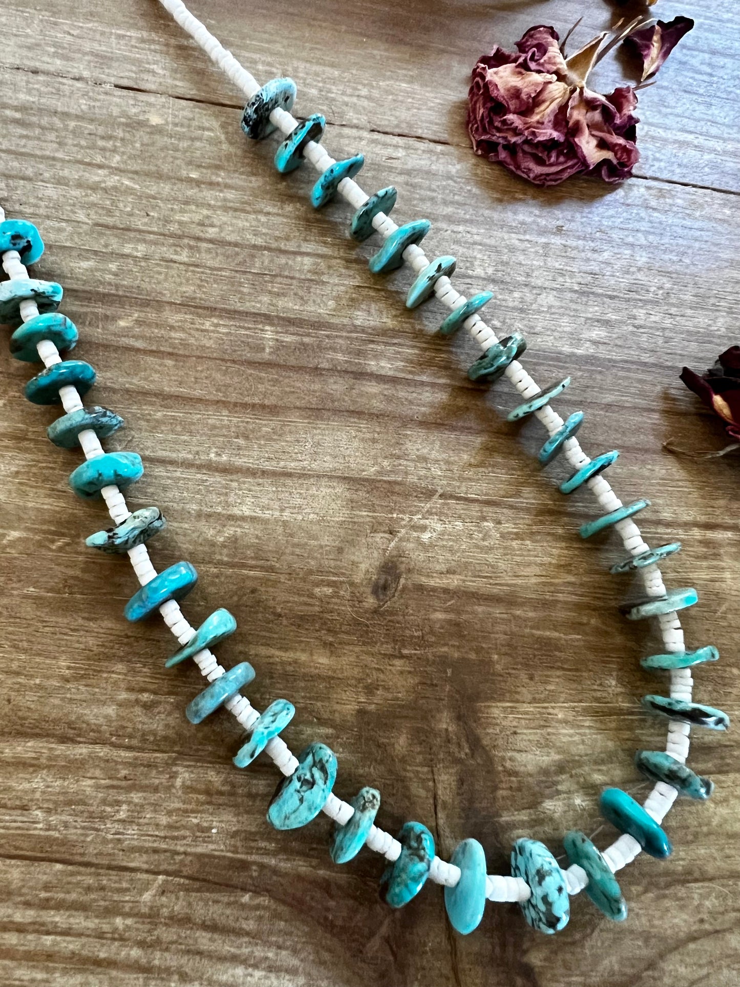 26 inch long blue disk turquoise necklace