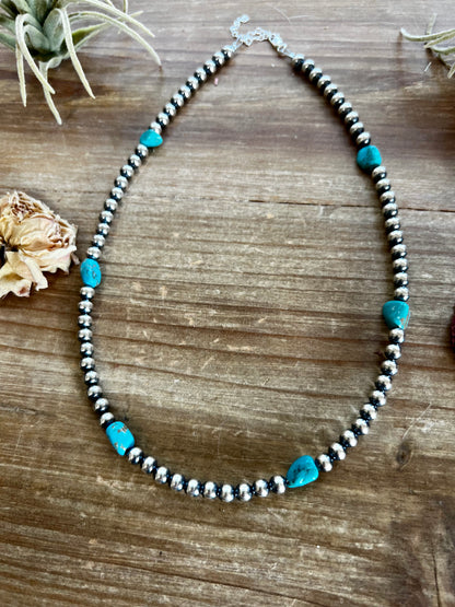 18 inch long Sterling Silver Pearls and turquoise