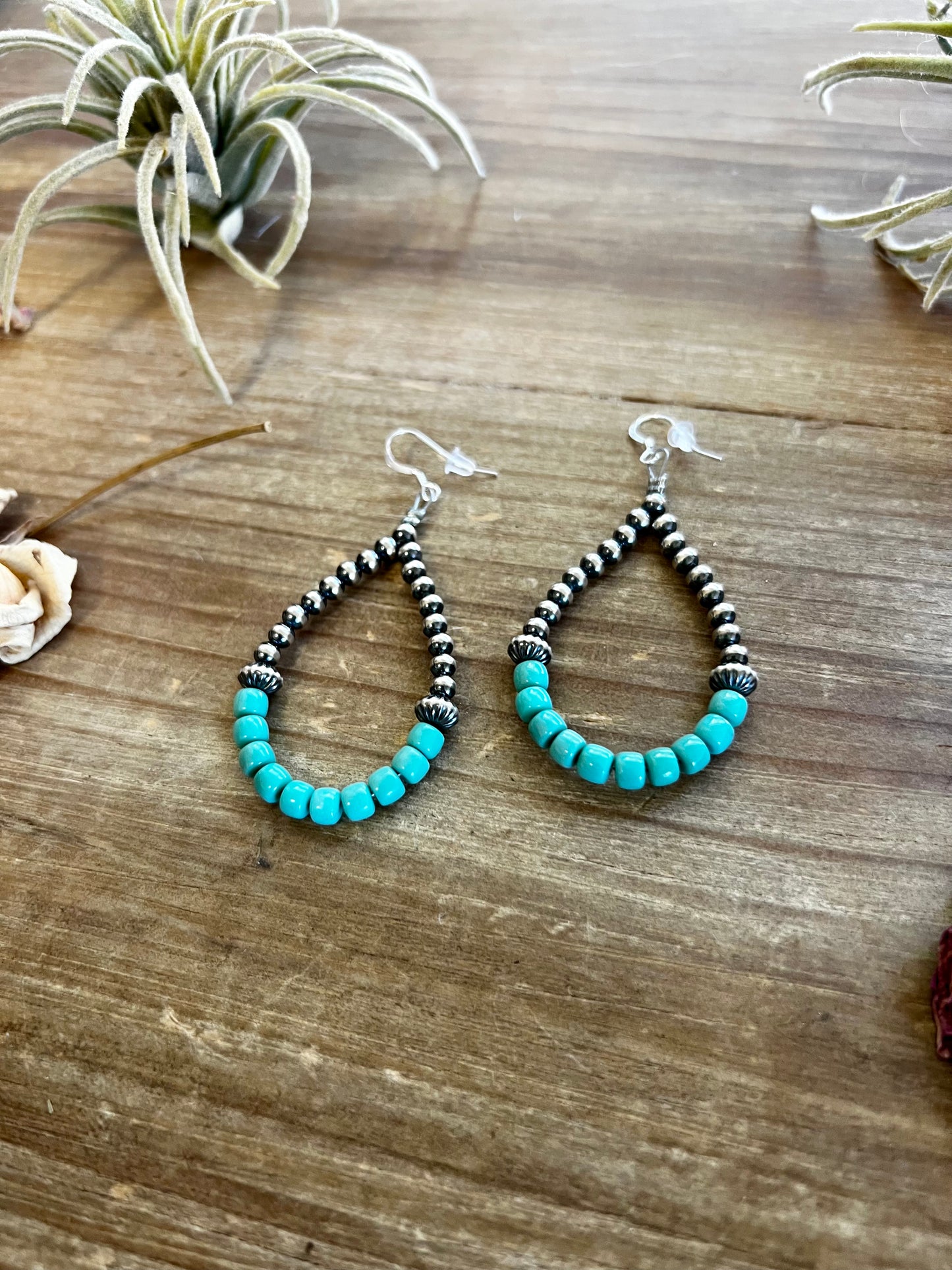 American turquoise teardrop earrings with Sterling Silver Pearls