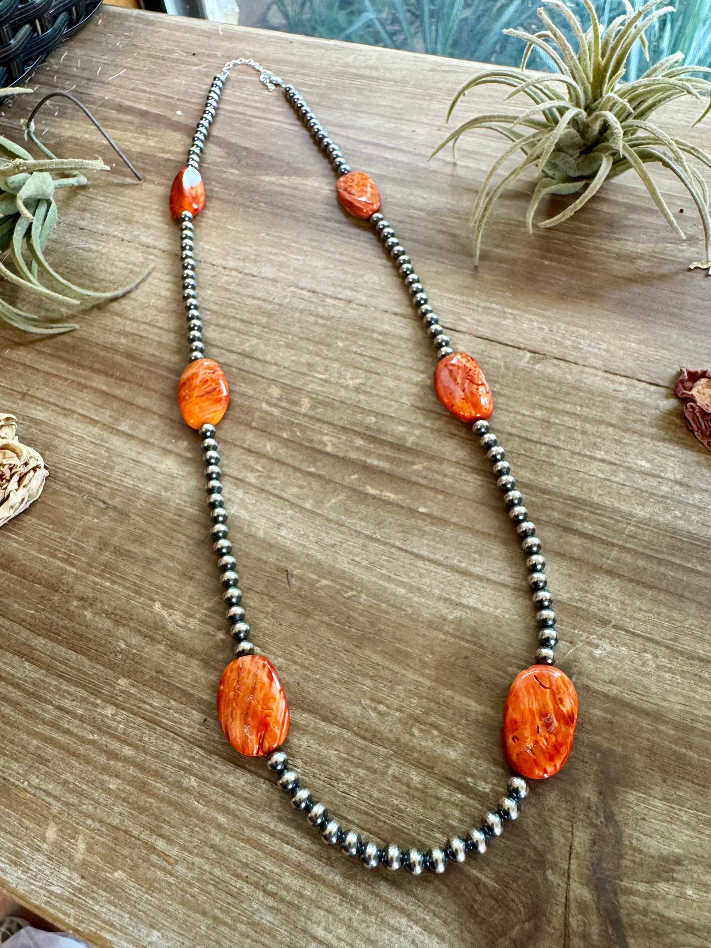24 inch sterling silver pearls necklace with orange spiny