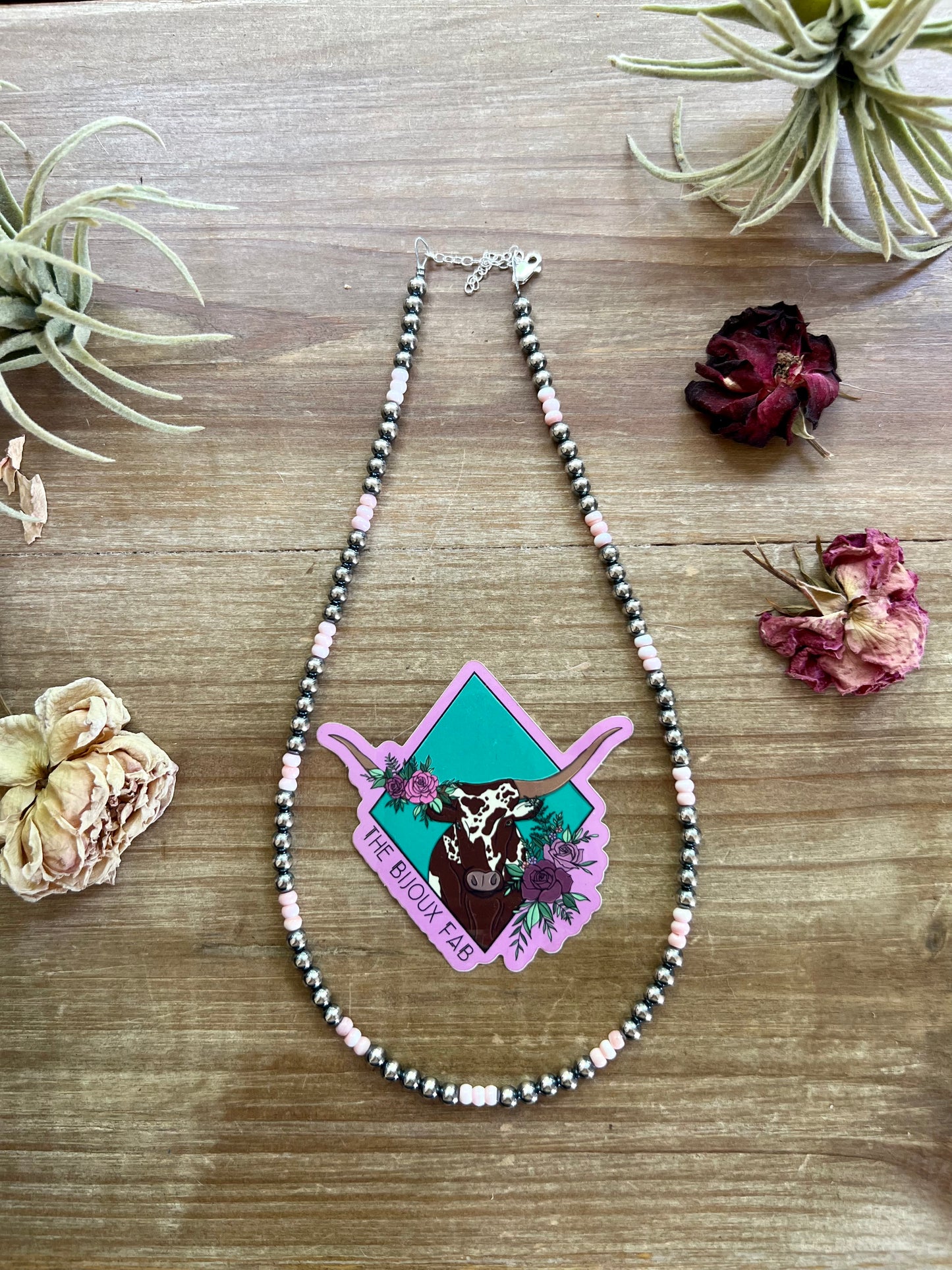 18 Inch 5 mm Navajos necklace with pink conch rondelle