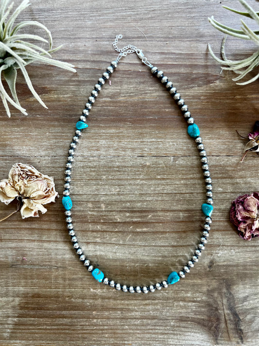 18 inch long Sterling Silver Pearls and turquoise