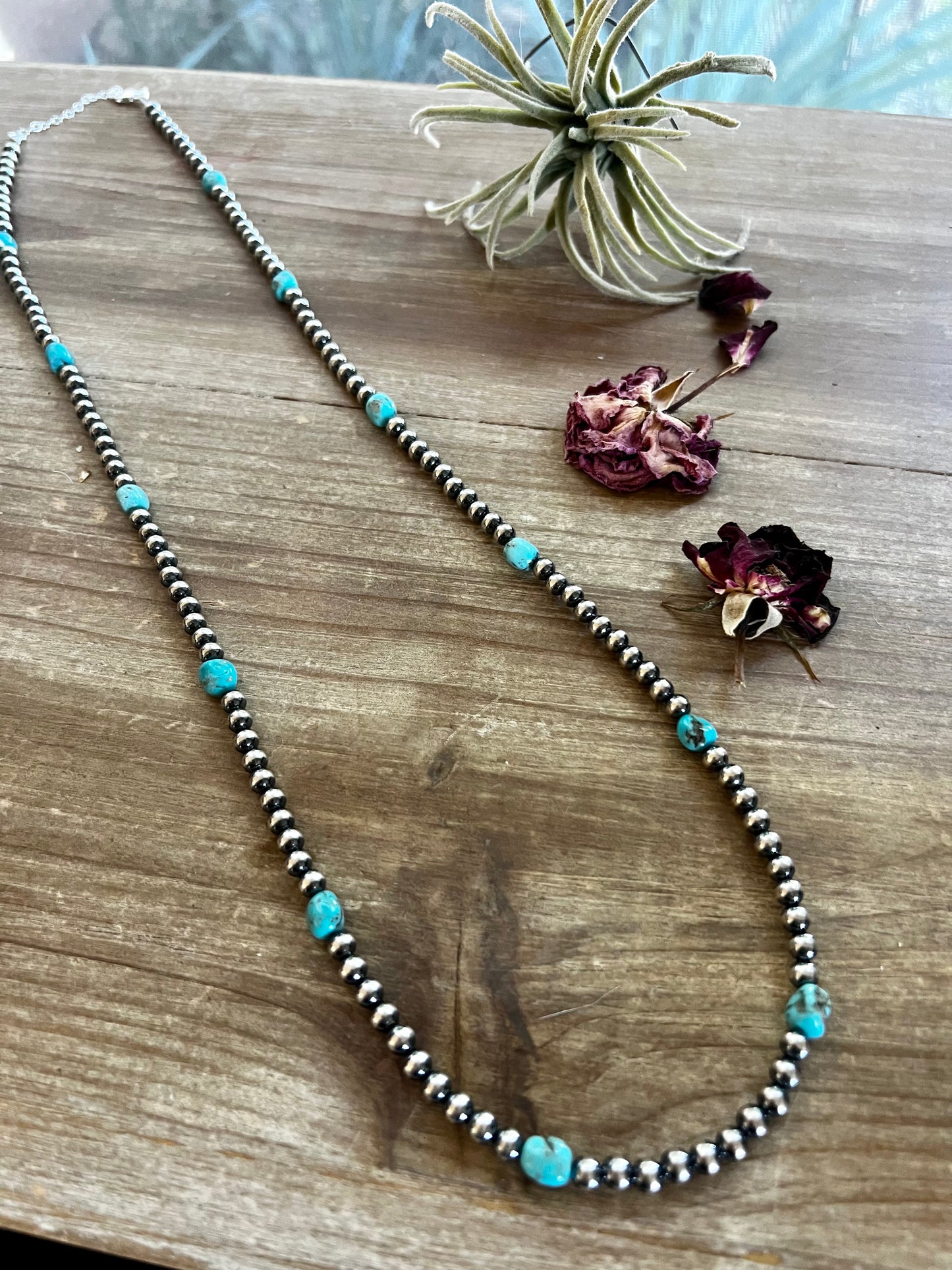 28 inch 5 mm Sterling Silver Pearls necklace with turquoise