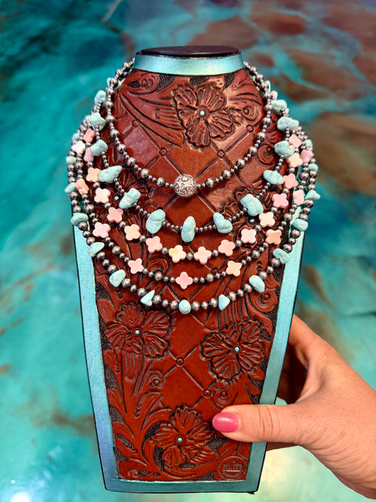 Jaci Stack – White Creek Turquoise, Pink Conch & Sterling Silver Necklaces