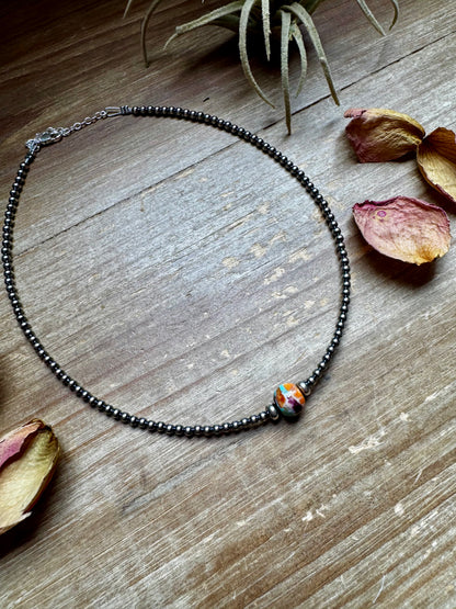 Handmade 14-inch sterling silver pearl choker with a center Mojave bead framed by 5mm saucers, finished with extender, made by The Bijoux FAB