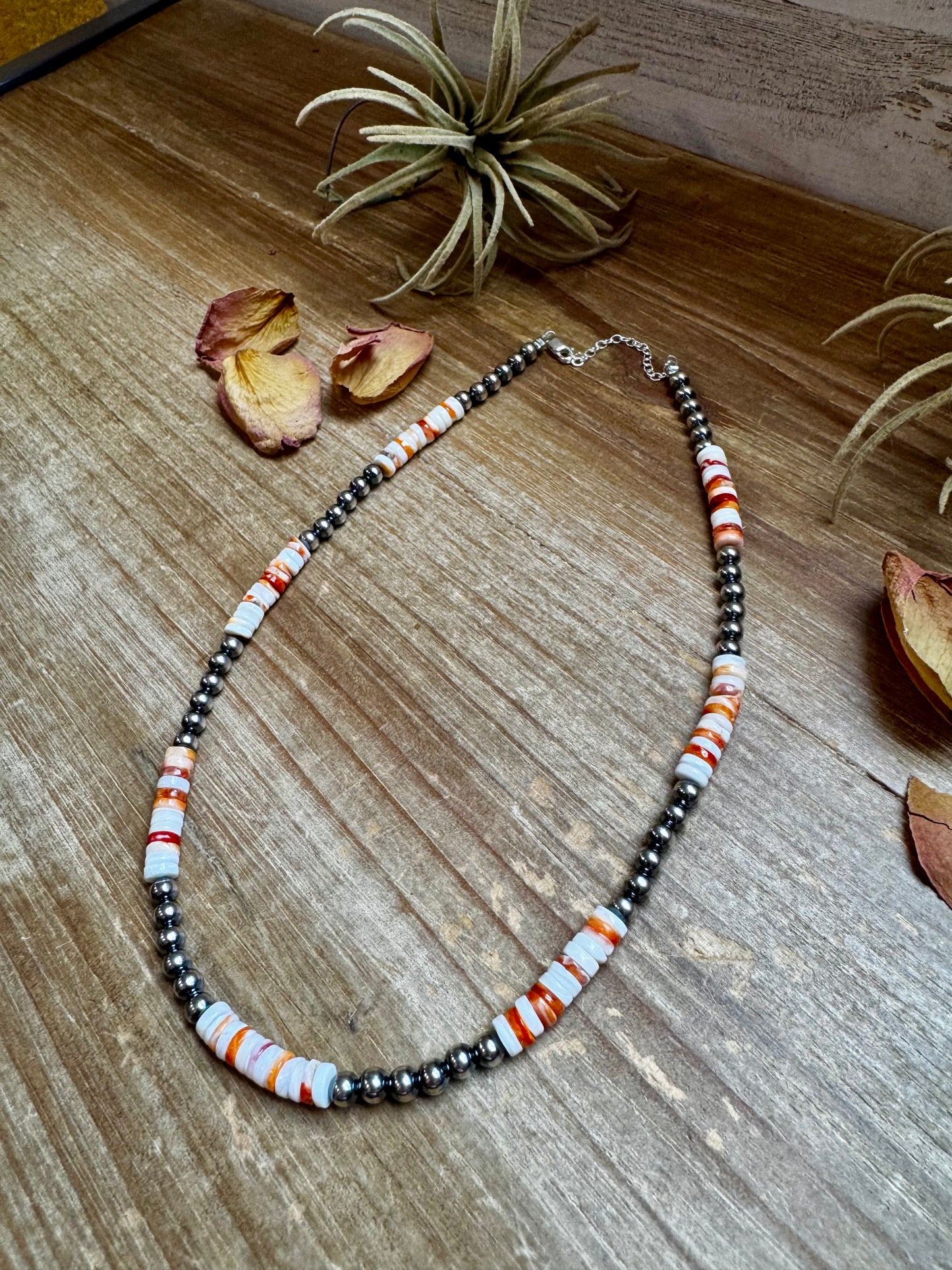 Handmade 17-inch necklace with alternating 5mm sterling silver pearls and spiny oyster beads in orange and white, finished with extender, made by The Bijoux FAB