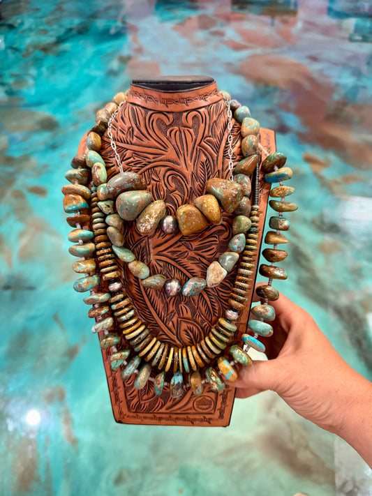 Chunky turquoise and sterling silver layered statement necklace stack handmade in the USA by The Bijoux FAB