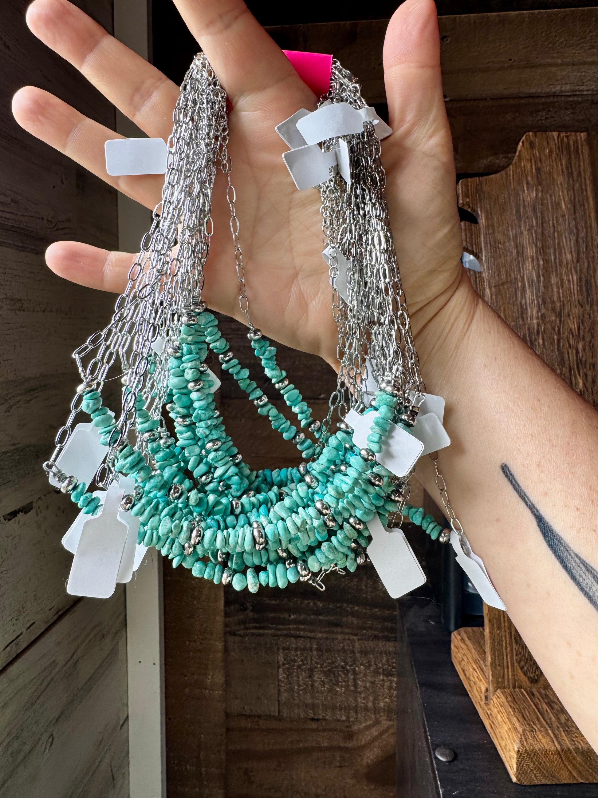 Handmade 15-inch silver paperclip chain necklace with blue turquoise nugget and sterling silver saucer pearls, made by The Bijoux FAB
