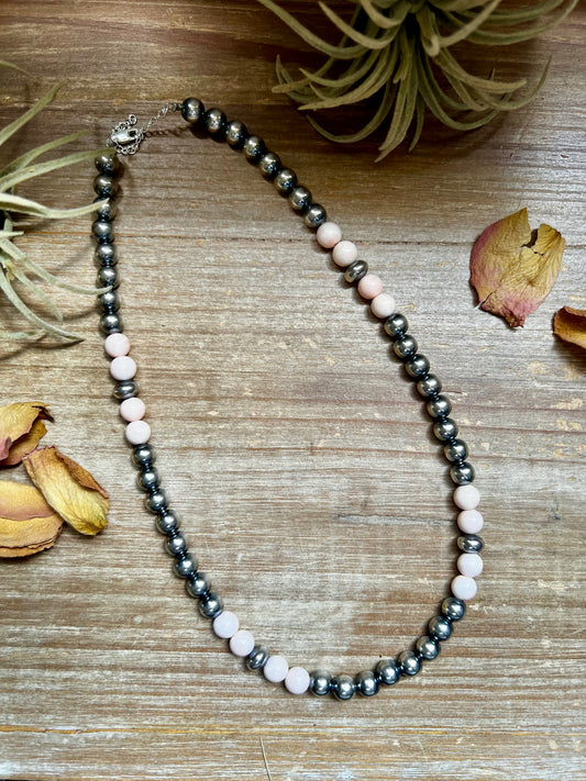 Sterling silver and pink conch necklace, 8 mm beads, 19 inches long with extender, handmade by The Bijoux FAB