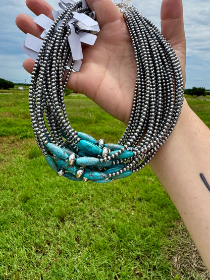 Handmade 15-inch sterling silver pearl choker with 10mm saucer and real turquoise torpedo beads, finished with extender, made by The Bijoux FAB