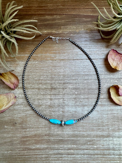 15-Inch Sterling Silver Pearl & Blue Turquoise Torpedo Choker