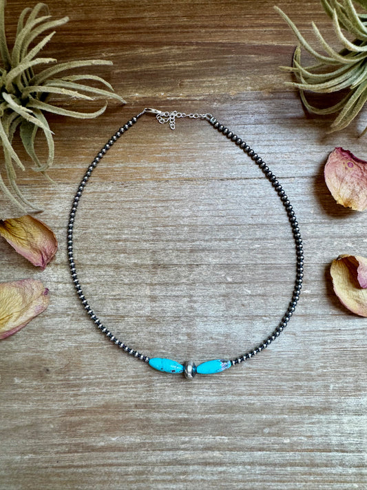 15-Inch Sterling Silver Pearl & Blue Turquoise Torpedo Choker