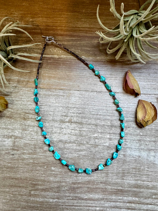 19-inch necklace featuring turquoise and shell beads, handmade by The Bijoux FAB, with bright natural stones