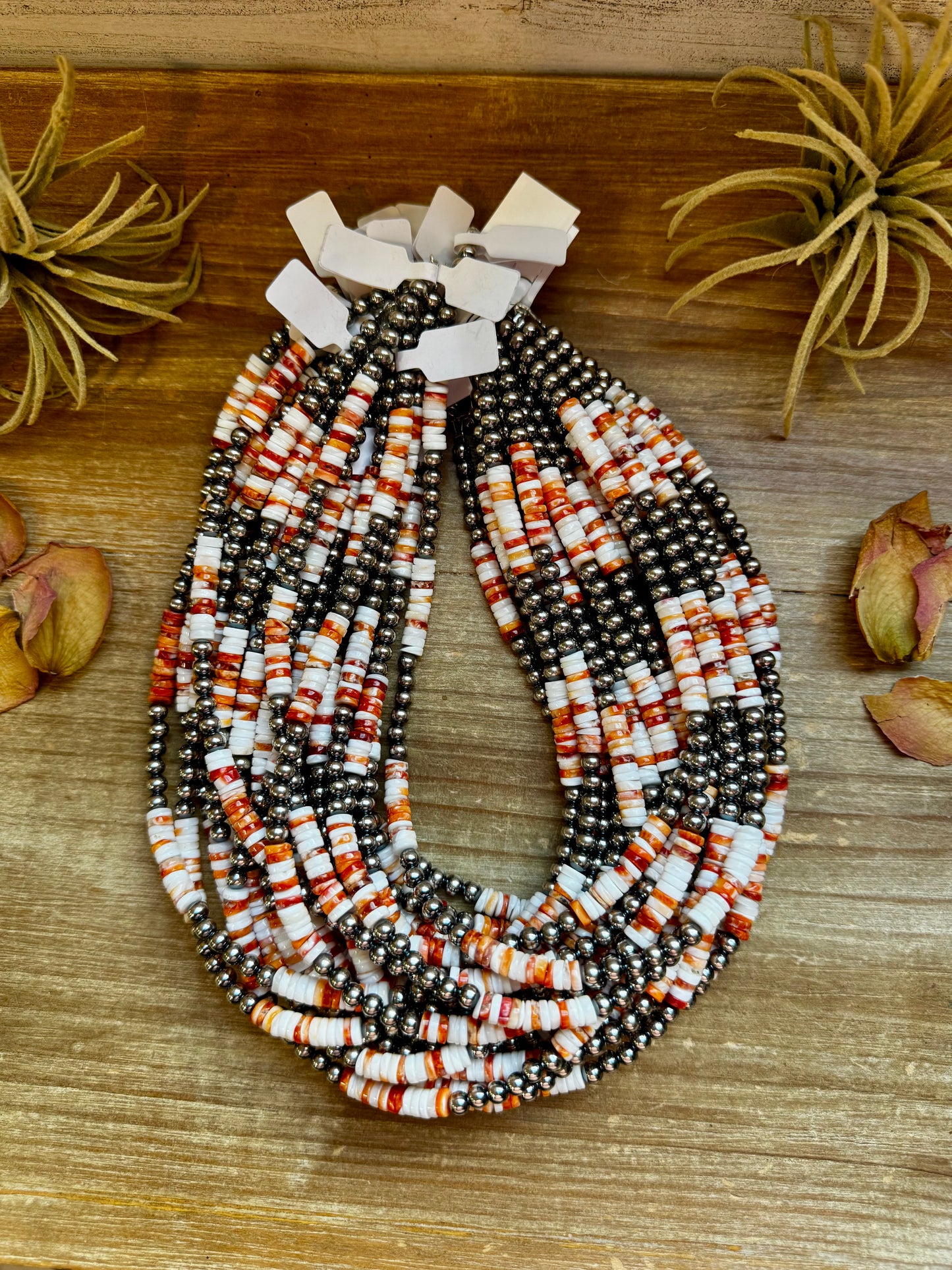 Handmade 17-inch necklace with alternating 5mm sterling silver pearls and spiny oyster beads in orange and white, finished with extender, made by The Bijoux FAB