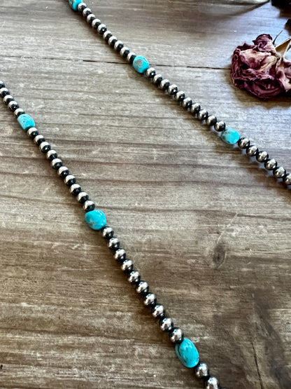 28 inch 5 mm Sterling Silver Pearls necklace with turquoise